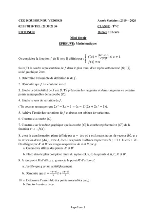 Première page de Mathématiques Tle C — Devoir surveillé (2019-2020) · CEG Kouhounou-Vêdoko