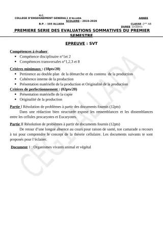 Première page de SVT 1ère D — 1re évaluation sommative, 1er semestre (2019-2020) · CEG1 Allada