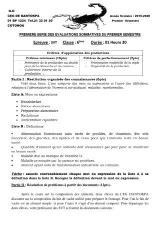 Première page de SVT 6e, 2nde D — 1re évaluation sommative, 1er semestre (2019-2020) · CEG Dantokpa