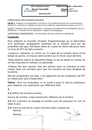 Première page de PCT 5e — 2e devoir surveillé, 2e semestre (2018-2019) · CEG2 ABOMEY - CALAVI (CEG ZOCA)