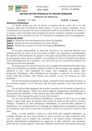 Première page de Français 1ère A2, 1ère D — 2e devoir surveillé, 2e semestre (2021-2022) · CEG SEKERE