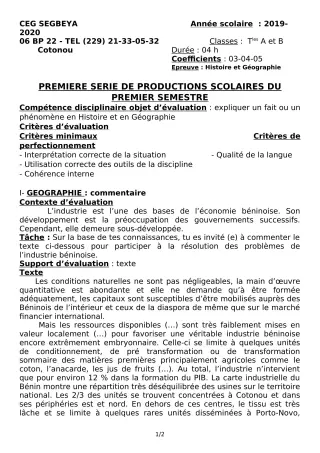 Première page de Histoire-Géographie Tle A1, Tle A2, Tle B — 1re production scolaire, 1er semestre (2019-2020) · CEG SEGBEYA