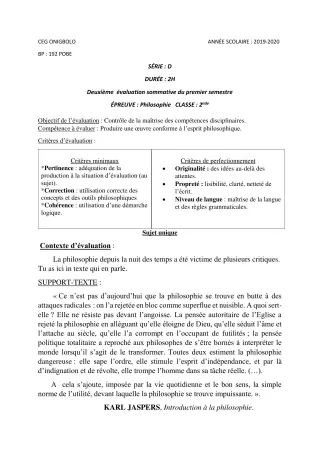 Première page de Philosophie 2nde D — 2e évaluation sommative, 1er semestre (2019-2020) · CEG ONIGBOLO