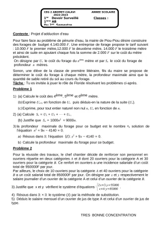 Première page de Mathématiques 1ère A & B — Devoir surveillé, 2e semestre (2022-2023) · CEG2 ABOMEY - CALAVI (CEG ZOCA)