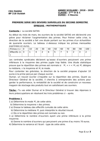Première page de Mathématiques 2nde C, 2nde D — 1er devoir surveillé, 2e semestre (2018-2019) · CEG PAHOU