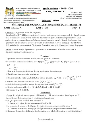 Première page de Mathématiques 2nde A — 2e production scolaire, 1er semestre (2023-2024) · CEG1 Ikpinlè