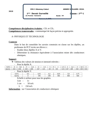 Première page de PCT 2nde C — 2e devoir surveillé, 1er semestre (2018-2019) · CEG2 ABOMEY - CALAVI (CEG ZOCA)