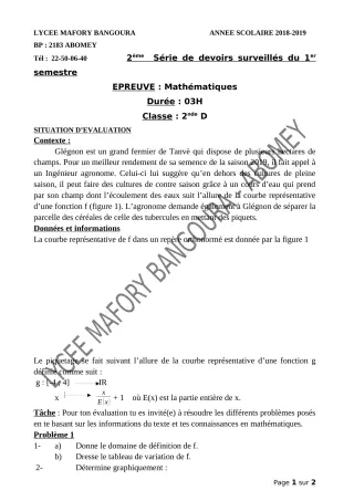 Première page de Mathématiques 2nde D — Devoir surveillé, 1er semestre (2018-2019) · Lycée Houegbadja d'Abomey (Ex Mafory Bangoura)