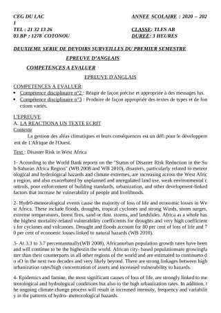 Première page de Anglais Tle A2, Tle B — 2e devoir surveillé, 1er semestre (2020-2021) · CEG du Lac