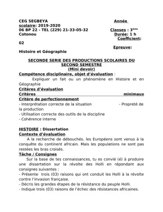 Première page de Histoire-Géographie 3e, 3e ML — 2e production scolaire, 2e semestre (2019-2020) · CEG SEGBEYA