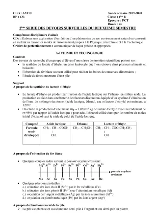 Première page de PCT 1ère D — 2e devoir surveillé, 2e semestre (2019-2020) · CEG AYOU
