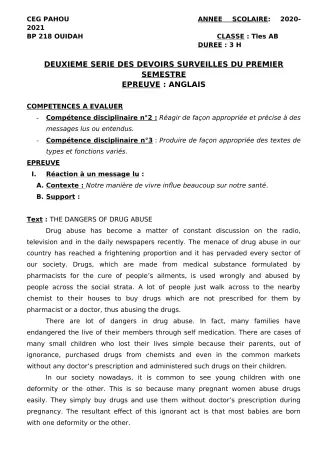 Première page de Anglais Tle A1, Tle A2, Tle B — 2e devoir surveillé, 1er semestre (2020-2021) · CEG PAHOU