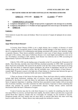 Première page de Anglais Tle A1, Tle A2, Tle B, Tle C, Tle D — 2e devoir surveillé, 1er semestre (2019-2020) · CEG ZOGBO