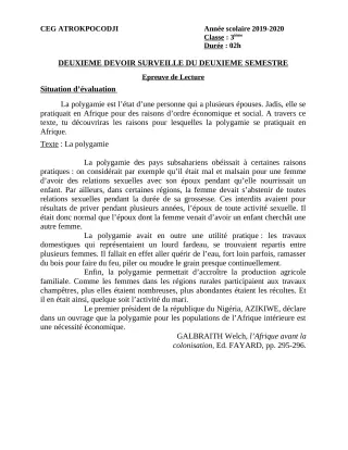 Première page de Français 3e — 2e devoir surveillé, 2e semestre (2019-2020) · CEG ATROKPOCODJI