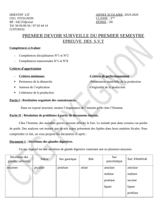 Première page de SVT 3e, 3e ML — 1er devoir surveillé, 1er semestre (2019-2020) · CEG FIYEGNON