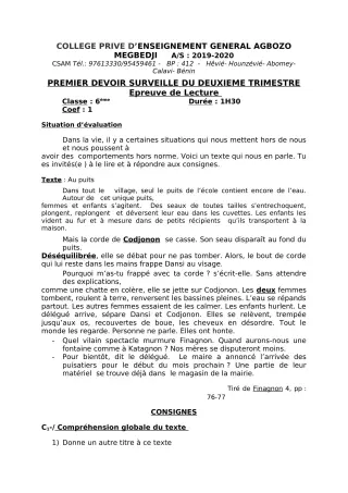 Première page de Français 6e, 5e, 4e, 4e ML, 3e, 3e ML, 2nde A, 2nde A1, 2nde A2, 2nde B, 2nde C, 2nde D, 1ère A, 1ère A1, 1ère A2, 1ère B, 1ère D, Tle A, Tle A1, Tle A2, Tle B, Tle C, Tle D — 1er devoir surveillé, 2e