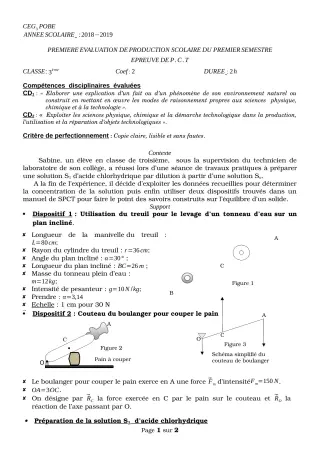 Première page de PCT 3e — 1re production scolaire, 1er semestre (2018-2019) · CEG3 Pobè (Akouho)