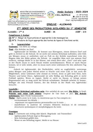 Première page de Allemand 1ère A — 2e production scolaire, 1er semestre (2023-2024) · CEG1 Ikpinlè