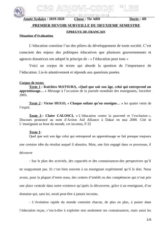 Première page de Français Tle B, Tle D — 1er devoir surveillé, 2e semestre (2019-2020) · CEG ADJOVICODJI 'LES OLIVIERS'