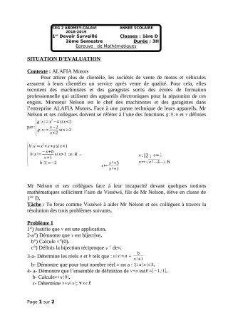 Première page de Mathématiques 1ère C — 1er devoir surveillé, 2e semestre (2018-2019) · CEG2 ABOMEY - CALAVI (CEG ZOCA)