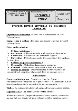 Première page de Philosophie 2nde A2, 2nde B, 2nde C, 2nde D, 1ère A1, 1ère A2, 1ère B, 1ère C, 1ère D — 1er devoir surveillé, 2e trimestre (2020-2021) · CPEG Miracle de Dieu