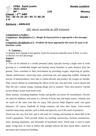Première page de Anglais 2nde A2, 2nde B, 2nde C, 2nde D — 1er devoir surveillé, 1er trimestre (2021-2022) · CPEG SAINT Justin
