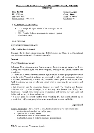 Première page de Anglais 4e, 4e ML — 2e évaluation sommative, 1er semestre (2019-2020) · CEG Zinvié