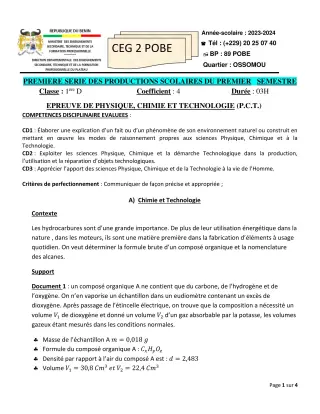 Première page de PCT 1ère D — 1re production scolaire, 1er semestre (2023-2024) · CEG 2 Pobè