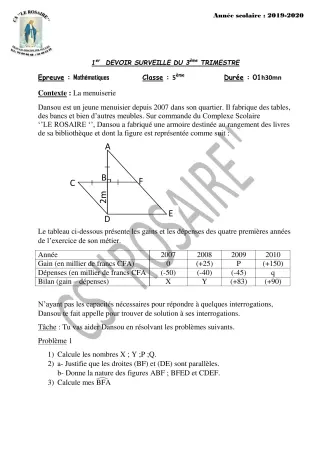 Première page de Mathématiques 5e — 1er devoir surveillé, 3e trimestre (2019-2020) · CPEG ROSAIRE