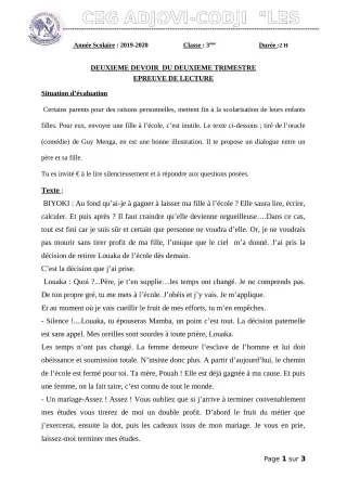 Première page de Français 3e — 2e devoir surveillé, 2e trimestre (2019-2020) · CEG ADJOVICODJI 'LES OLIVIERS'