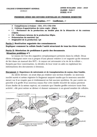 Première page de SVT 2nde C — 1er devoir surveillé, 1er semestre (2023-2024) · CEG ZONGO