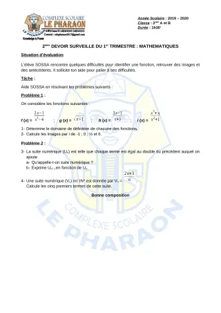 Première page de Mathématiques 2nde A, 2nde B — 2e devoir surveillé, 1er trimestre (2019-2020) · CPEG LE PHARAON