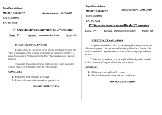 Première page de Français 3e ML — 1er devoir surveillé, 2e semestre (2018-2019) · CEG SONSORO