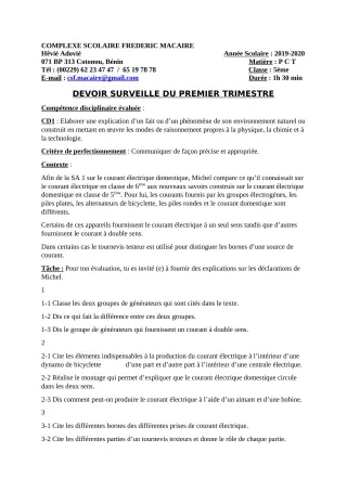 Première page de PCT 5e, 4e — Devoir surveillé, 1er trimestre (2019-2020) · CPEG Frédéric Macaire