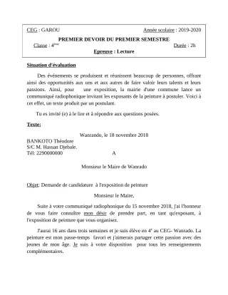 Première page de Français 4e — 1er devoir surveillé, 1er semestre (2019-2020) · CEG GAROU