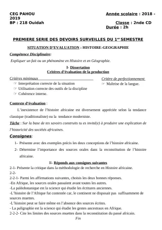 Première page de Histoire-Géographie 2nde C, 2nde D — 1er devoir surveillé, 1er semestre (2018-2019) · CEG PAHOU