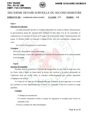 Première page de Français 3e, 3e ML — 2e devoir surveillé, 2e semestre (2023-2024) · CEG Yagbe