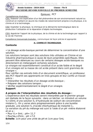 Première page de PCT Tle D — 2e devoir surveillé, 1er semestre (2019-2020) · CEG ADJOVICODJI 'LES OLIVIERS'
