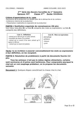 Première page de SVT 6e — 2e devoir surveillé, 1er semestre (2022-2023) · CEG ZONGO