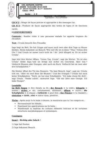 Première page de Allemand 4e — 2e devoir surveillé, 2e semestre (2019-2020) · CEG 1 Akpakpa-Centre