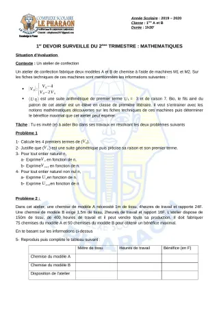 Première page de Mathématiques 1ère A, 1ère B — 1er devoir surveillé, 2e trimestre (2019-2020) · CPEG LE PHARAON