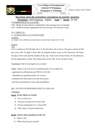 Première page de Anglais 6e — 2e évaluation sommative, 1er semestre (2017-2018) · CEG C.P de Dompago