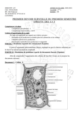 Première page de SVT 2nde C — 1er devoir surveillé, 1er semestre (2020-2021) · CEG FIYEGNON