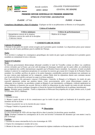 Première page de Histoire-Géographie 1ère A2 — 1er devoir surveillé, 1er semestre (2021-2022) · CEG SEKERE