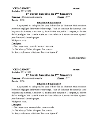 Première page de Français 6e — 1er devoir surveillé, 2e semestre (2019-2020) · CEG GAROU