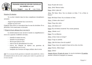 Première page de Espagnol 4e ML — 1er devoir surveillé (2017-2018) · CEG1 Covè
