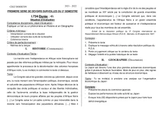 Première page de Histoire-Géographie Tle A1, Tle A2, Tle B — 1er devoir surveillé, 2e semestre (2021-2022) · CEG5 BOHICON