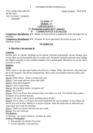 Première page de Anglais 4e, 4e ML — 1re production scolaire, 1er semestre (2018-2019) · CEG AGBLANGANDAN