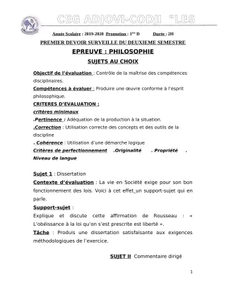 Première page de Philosophie 1ère D — 1er devoir surveillé, 2e semestre (2019-2020) · CEG ADJOVICODJI 'LES OLIVIERS'