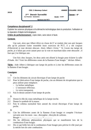 Première page de PCT 6e — 2e devoir surveillé, 1er semestre (2018-2019) · CEG2 ABOMEY - CALAVI (CEG ZOCA)